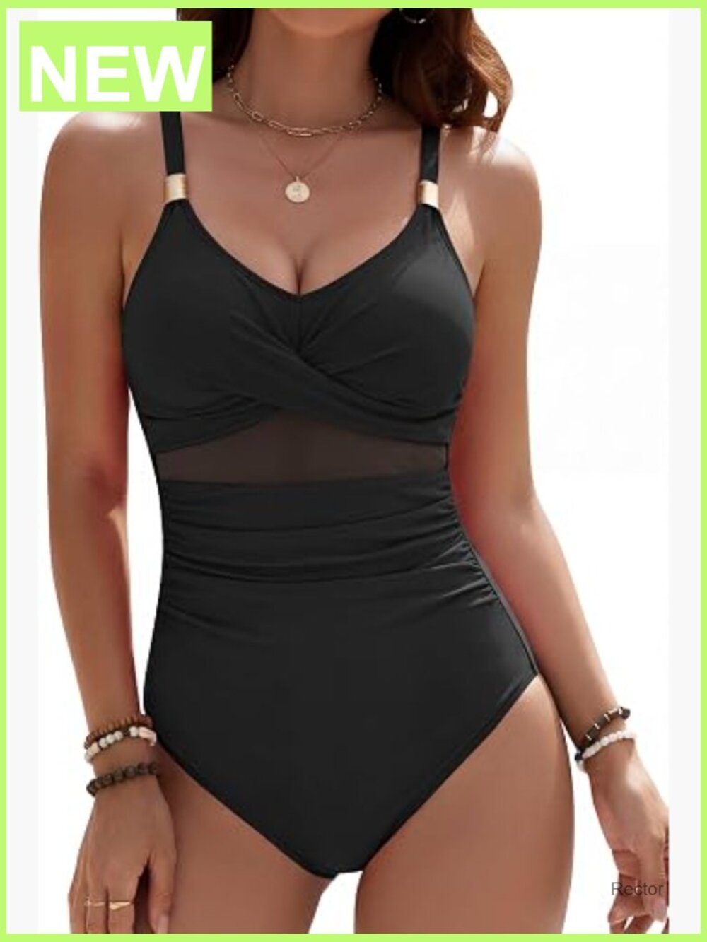 Tummy Control One Piece Swimsuit for Women Ruched Mesh Front Adjustable Straps